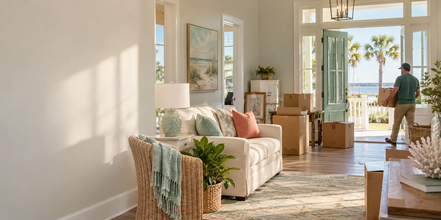 Household boxes and furniture being carried from a coastal home